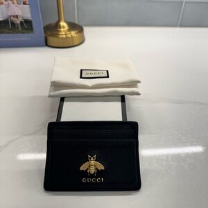 Gucci Black Card Holder with Gold Bee Accent